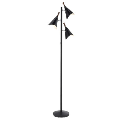 68" Black Three Light Tree Floor Lamp With Black Metal Cone Shade