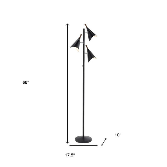 68" Black Three Light Tree Floor Lamp With Black Metal Cone Shade