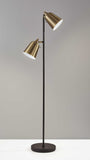 58" Black Two Light Task Floor Lamp With Antiqued Brass Metal Cone Shade