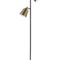 58" Black Two Light Task Floor Lamp With Antiqued Brass Metal Cone Shade