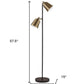 58" Black Two Light Task Floor Lamp With Antiqued Brass Metal Cone Shade