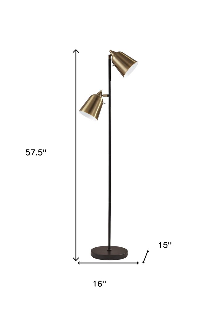 58" Black Two Light Task Floor Lamp With Antiqued Brass Metal Cone Shade
