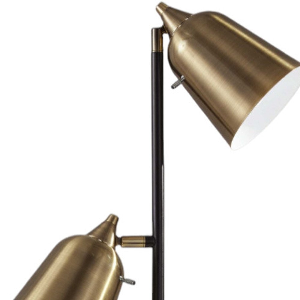 58" Black Two Light Task Floor Lamp With Antiqued Brass Metal Cone Shade