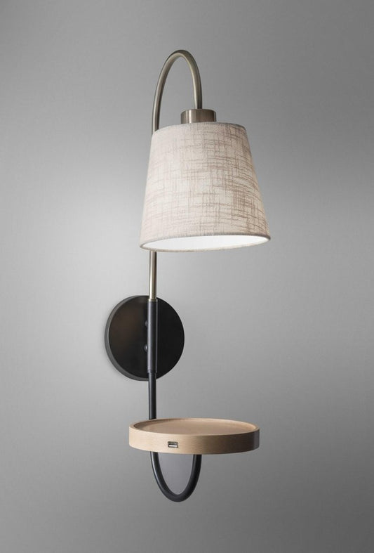Antique Brass And Black Metal USB Charging Station Wall Lamp With Wood Shelf