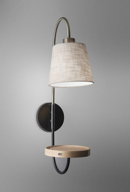 Antique Brass And Black Metal USB Charging Station Wall Lamp With Wood Shelf