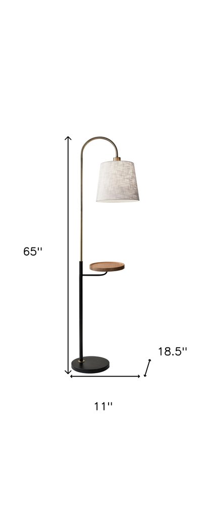65" Black And Brass Tray Table Floor Lamp With Off White Linen Empire Shade