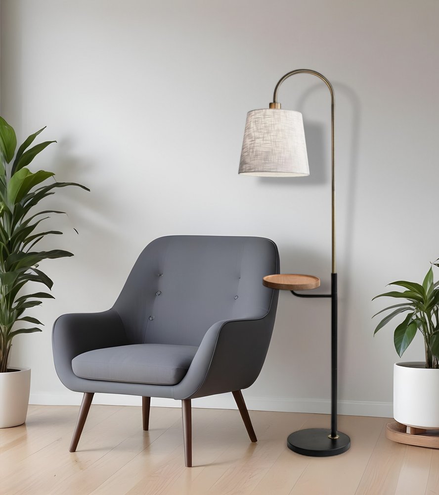 65" Black And Brass Tray Table Floor Lamp With Off White Linen Empire Shade