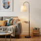 65" Black And Brass Tray Table USB Floor Lamp With Wood Shelf