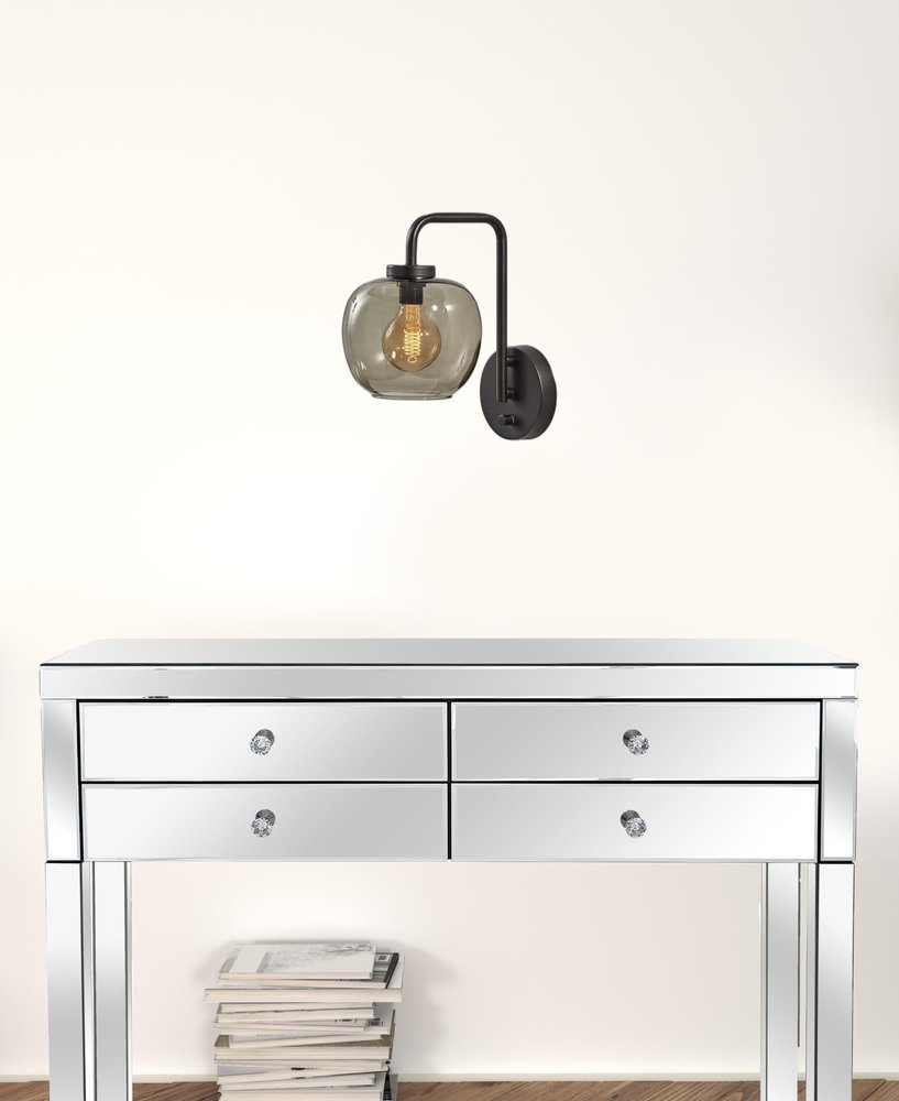 Smoked Glass Globe Shade With Vintage Edison Bulb And Matte Black Metal Wall Lamp