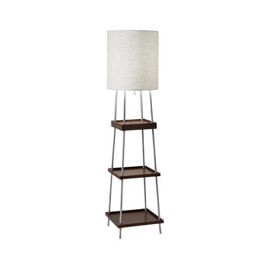 63" Brown And White Column Floor Lamp With White Fabric Drum Shade