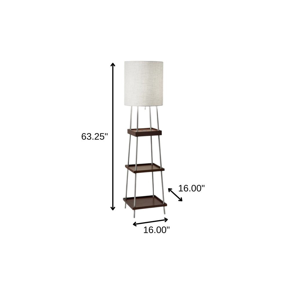 63" Brown And White Column Floor Lamp With White Fabric Drum Shade