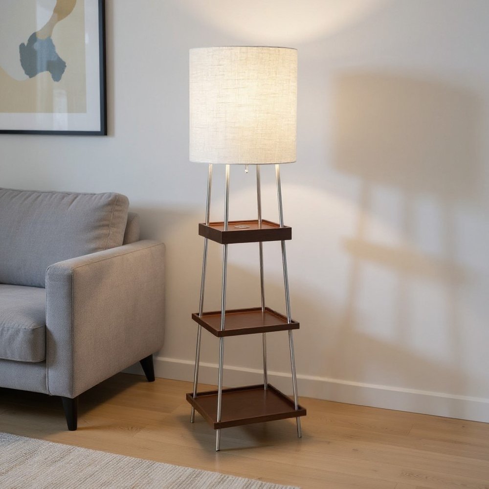 63" Brown And White Column Floor Lamp With White Fabric Drum Shade