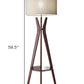60" Brown And White Solid Wood Tripod Floor Lamp With White Fabric Drum Shade
