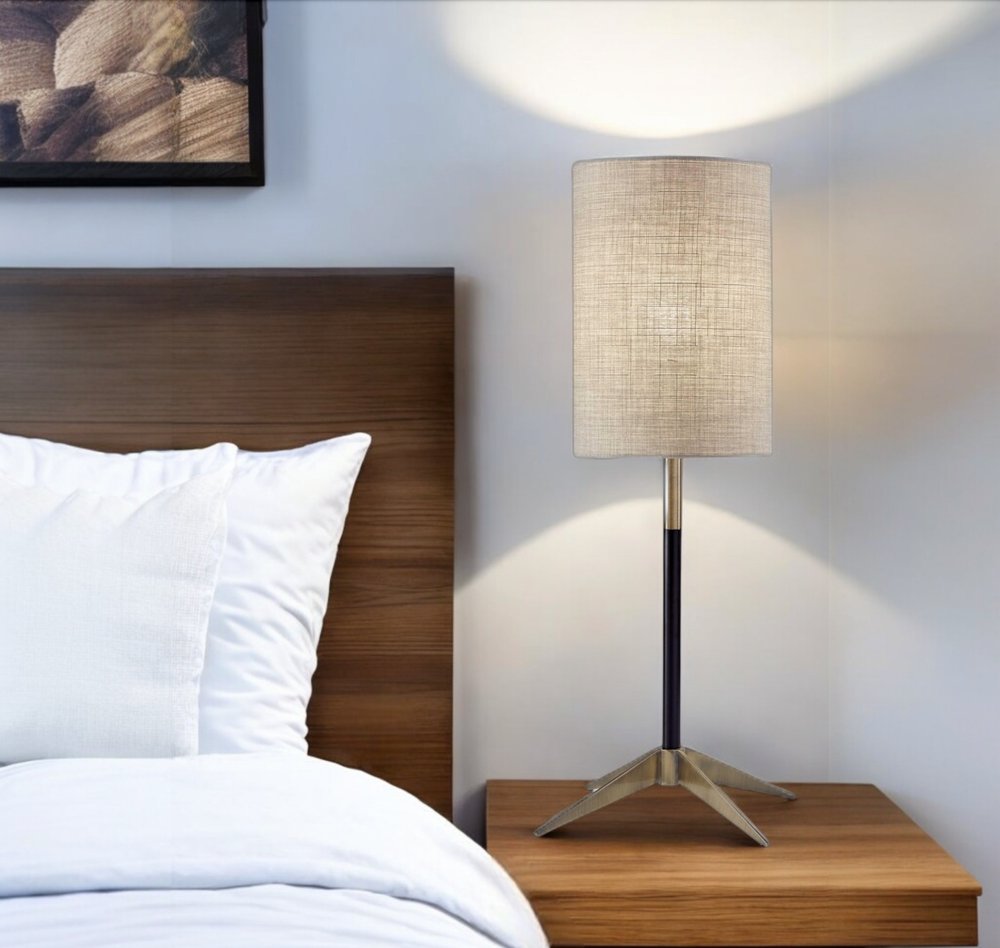 27" Antiqued Brass Metal Table Lamp With Brown Drum Shade