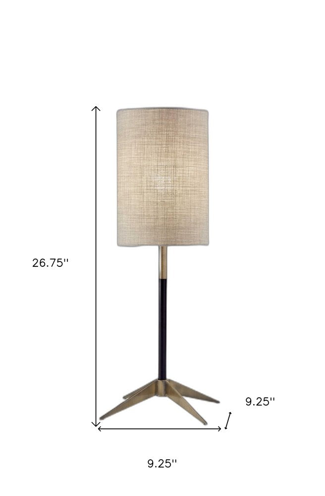 27" Antiqued Brass Metal Table Lamp With Brown Drum Shade