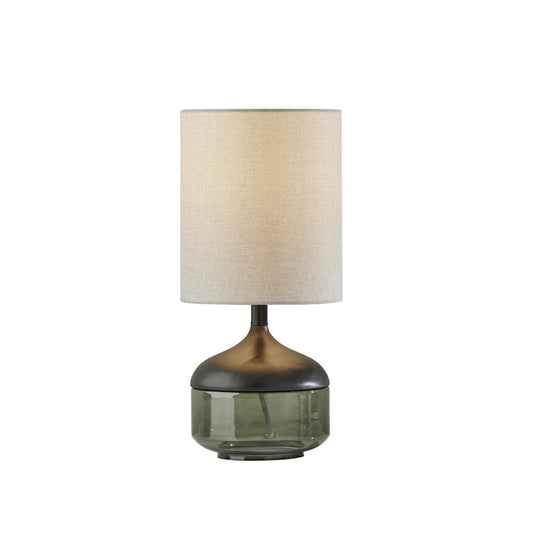 16" Black And Dark Green Wood And Smoked Glass Table Lamp With Beige Drum Shade