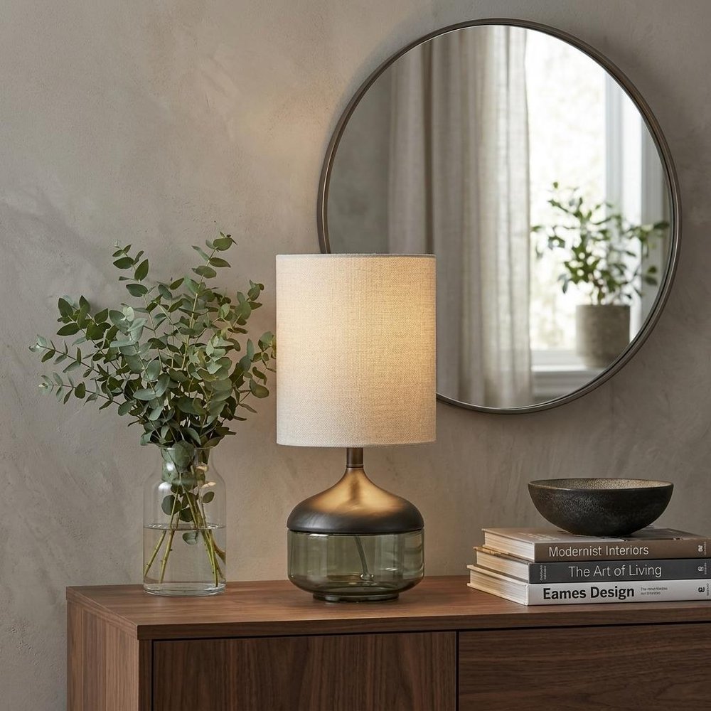 16" Black And Dark Green Wood And Smoked Glass Table Lamp With Beige Drum Shade