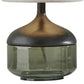 16" Black And Dark Green Wood And Smoked Glass Table Lamp With Beige Drum Shade