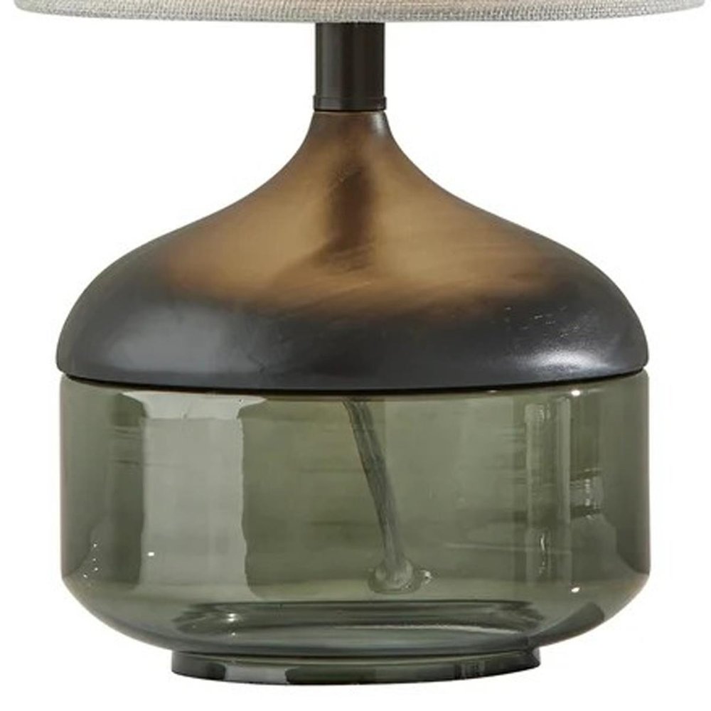 16" Black And Dark Green Wood And Smoked Glass Table Lamp With Beige Drum Shade