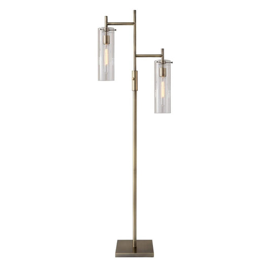 Brass Metal Two Light Novelty Floor Lamp With Clear Glass Drum Shade