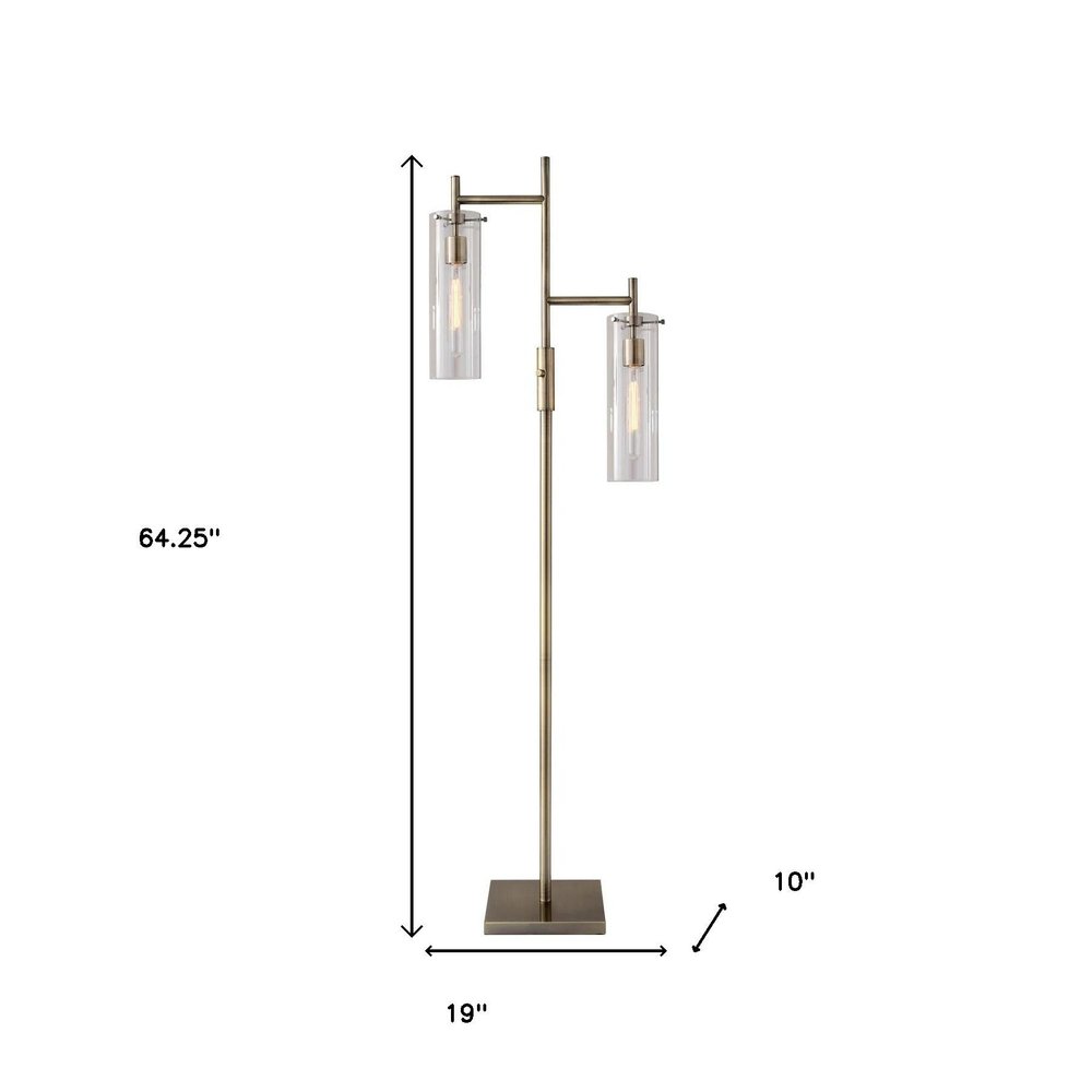 64" Brass Two Light Novelty Floor Lamp With Clear Glass Drum Shade