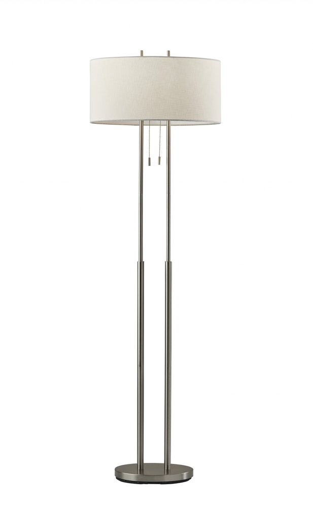 62" Silver Metal Task Floor Lamp With White Fabric Drum Shade