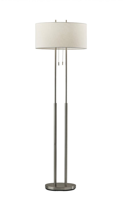 62" Silver Metal Task Floor Lamp With White Fabric Drum Shade
