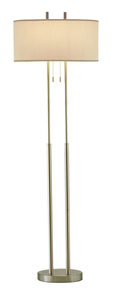 62" Silver Metal Task Floor Lamp With White Fabric Drum Shade