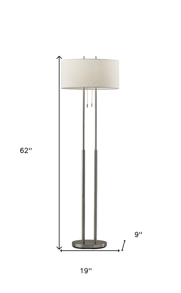 62" Silver Metal Task Floor Lamp With White Fabric Drum Shade