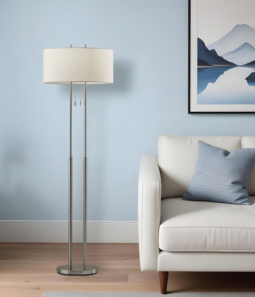 62" Silver Metal Task Floor Lamp With White Fabric Drum Shade