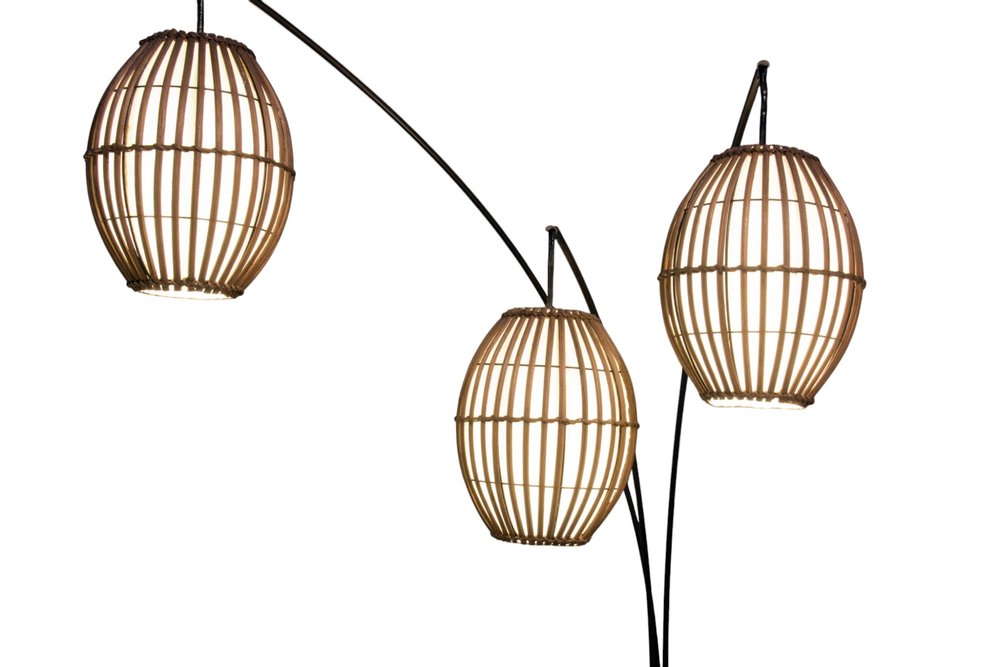 82" Bronze Three Light Tree Floor Lamp With Beige Wicker Cage Shade