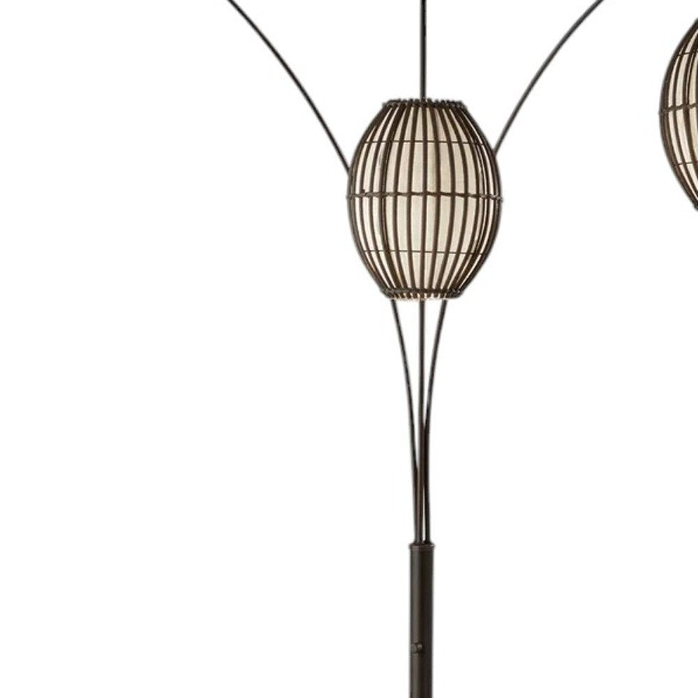 82" Bronze Three Light Tree Floor Lamp With Beige Wicker Cage Shade