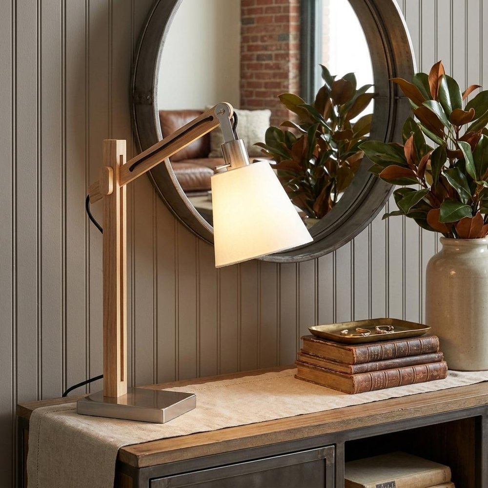 25" Natural Wood Adjustable Height Table Lamp With White Bell Shade