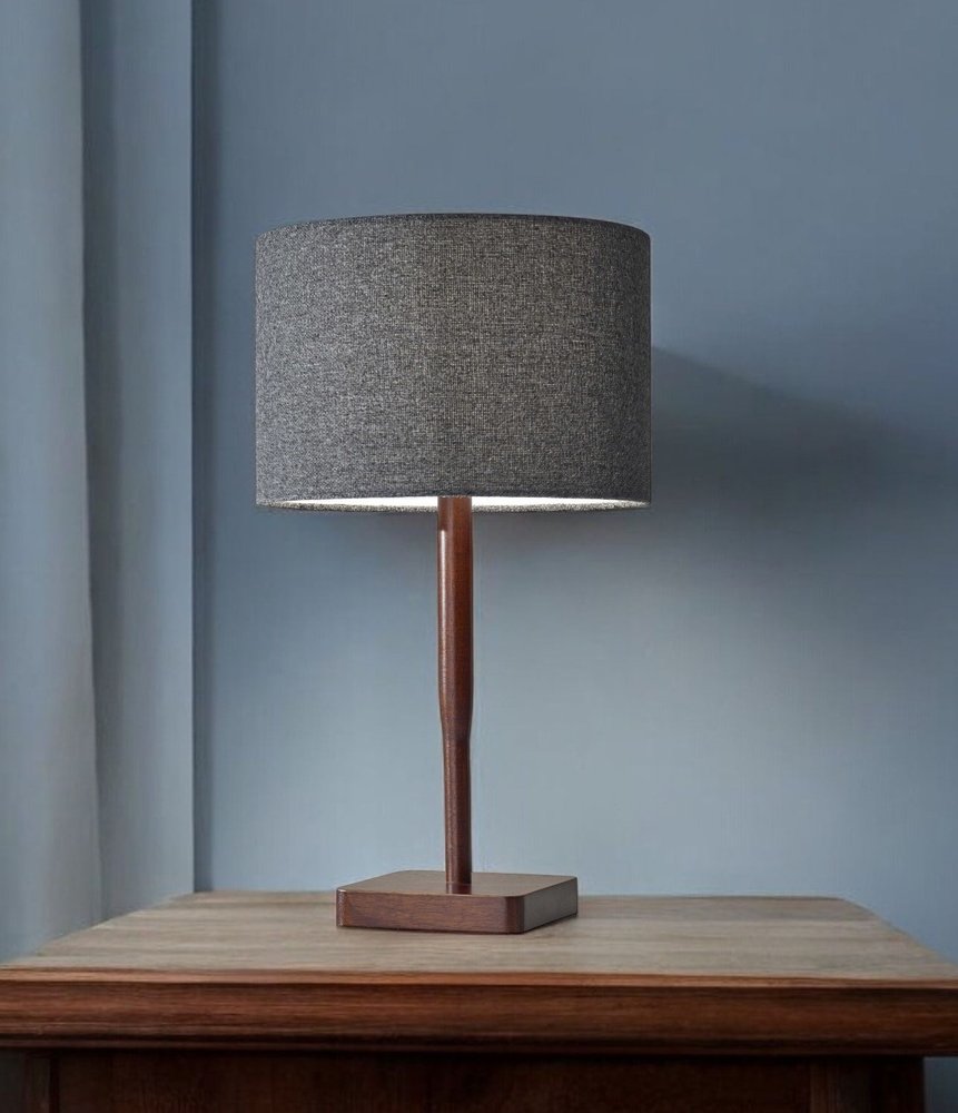 21" Brown Solid Wood Table Lamp With Dark Gray Drum Shade