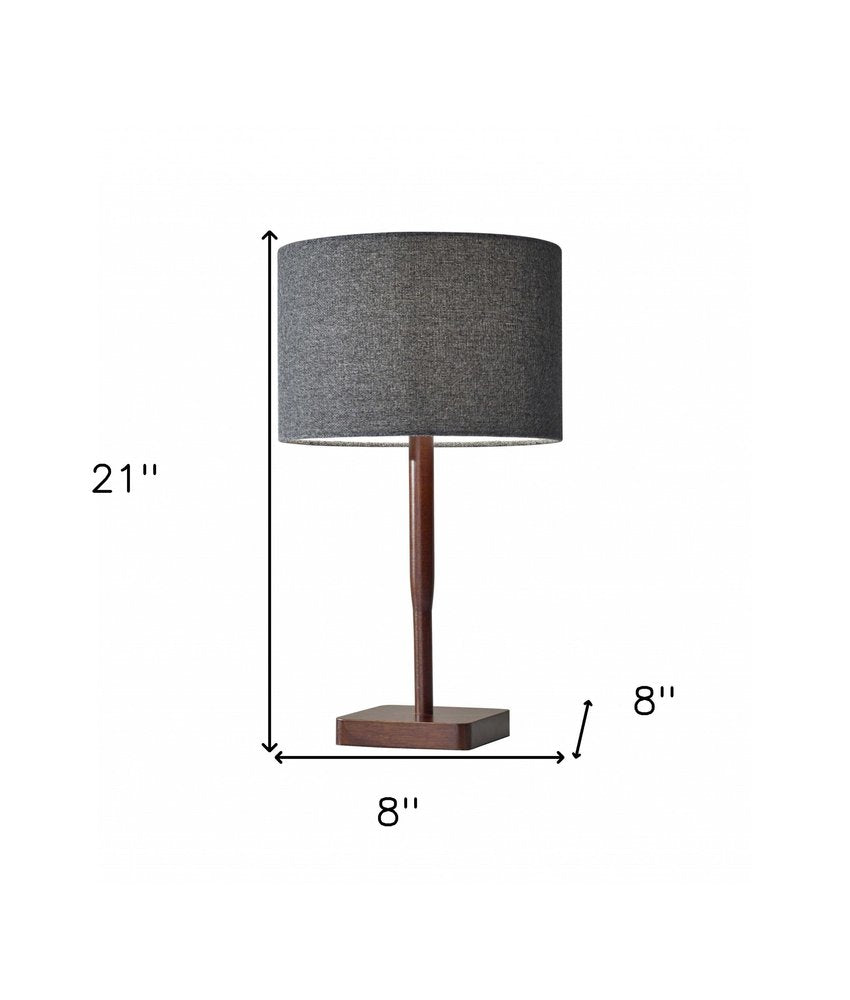 21" Brown Solid Wood Table Lamp With Dark Gray Drum Shade