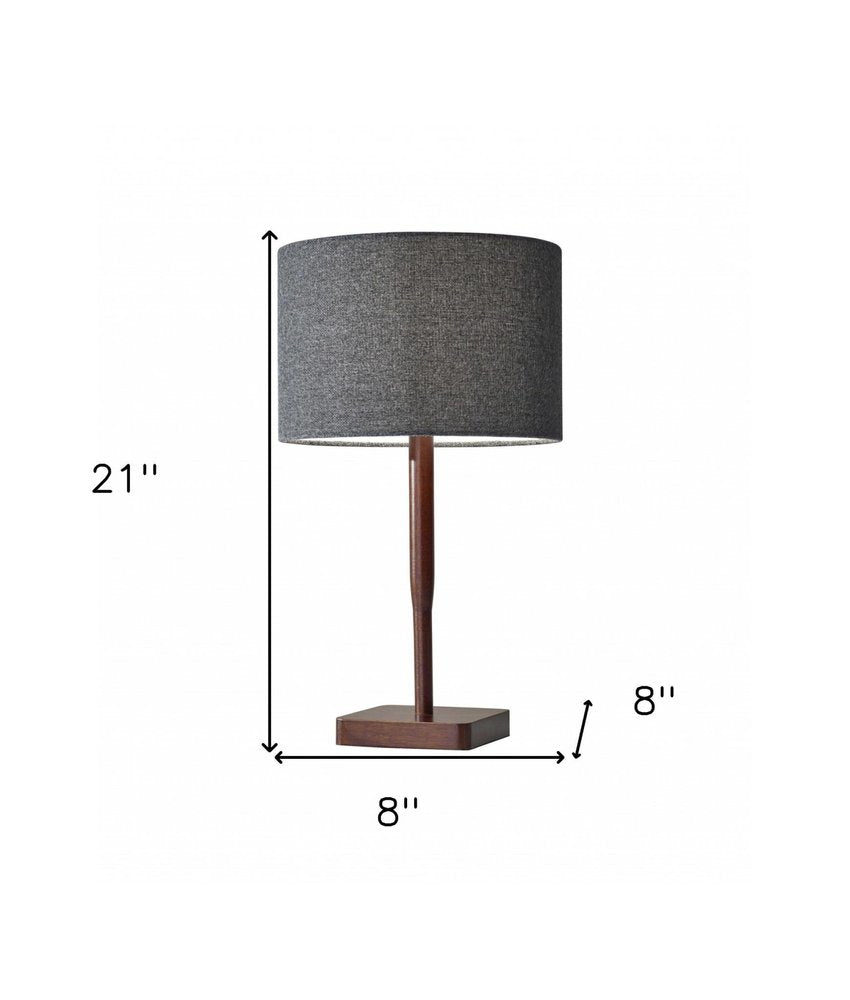 21" Brown Solid Wood Table Lamp With Dark Gray Drum Shade