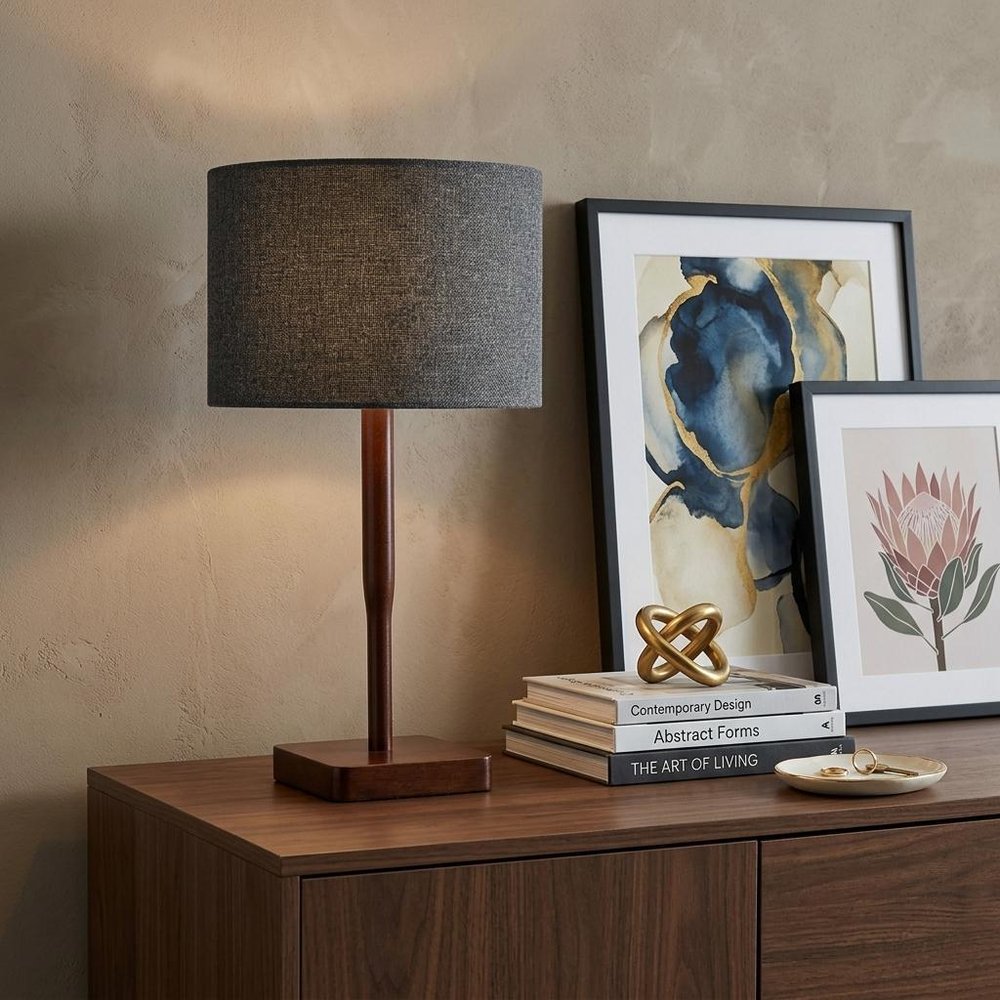 21" Brown Solid Wood Table Lamp With Dark Gray Drum Shade