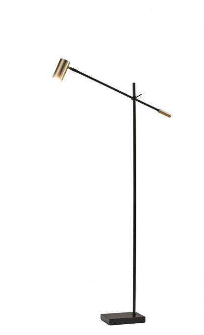 63" Black And Gold Adjustable LED Task Floor Lamp With Antiqued Brass Metal Cylinder Shade