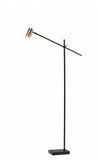 63" Black And Gold Adjustable LED Task Floor Lamp With Antiqued Brass Metal Cylinder Shade