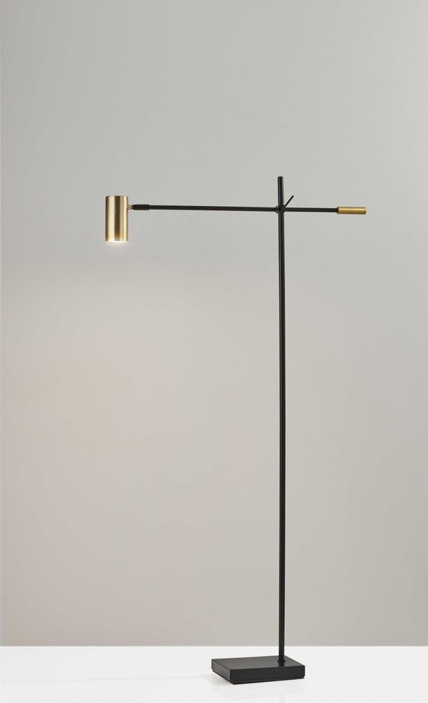 63" Black And Gold Adjustable LED Task Floor Lamp With Antiqued Brass Metal Cylinder Shade