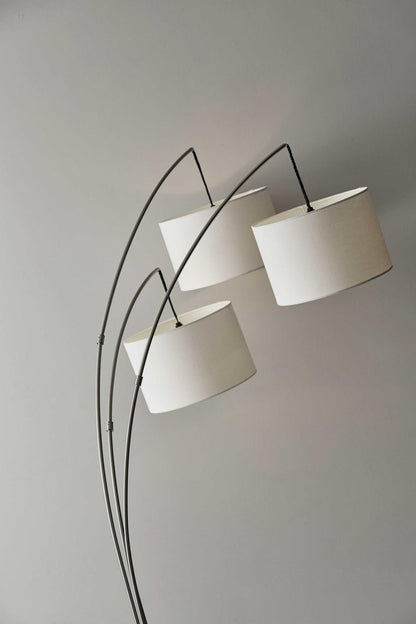 74" Silver Three Light Tree Floor Lamp With White Linen Drum Shade