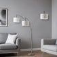 74" Silver Three Light Tree Floor Lamp With White Linen Drum Shade