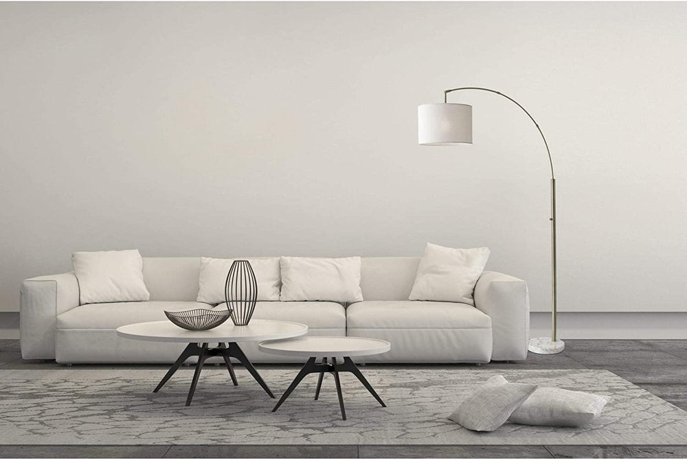 74" Brass Metal Arc Floor Lamp With Off White Linen Drum Shade