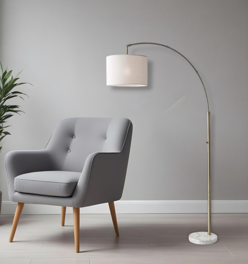 74" Silver Metal Arched Floor Lamp With Gray Linen Drum Shade