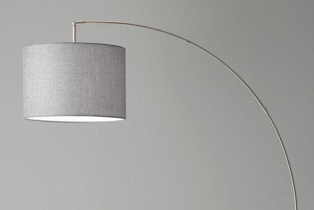 74" Brass Metal Arc Floor Lamp With Off White Linen Drum Shade