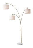 74" Brass Three Light Arc Floor Lamp With Off White Fabric Drum Shade