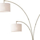 74" Brass Three Light Arc Floor Lamp With Off White Fabric Drum Shade