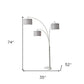 74" Brass Three Light Arc Floor Lamp With Off White Fabric Drum Shade