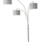 74" Brass Three Light Arc Floor Lamp With Off White Fabric Drum Shade