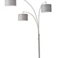 74" Brass Three Light Arc Floor Lamp With Off White Fabric Drum Shade